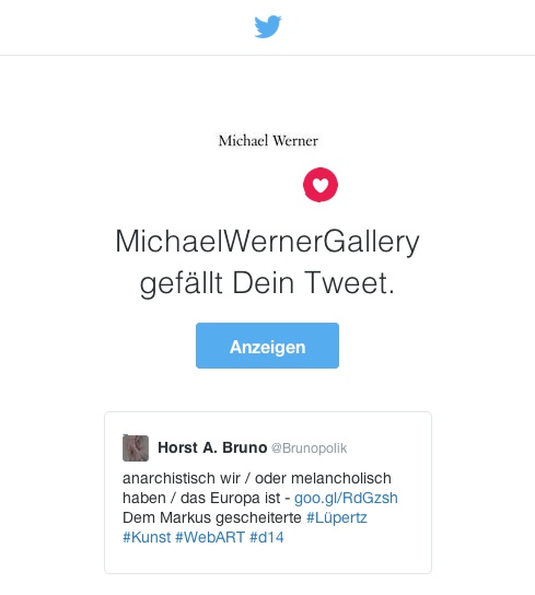 Screen-Shot Twitter-E-Mail der MichaelWernerGallery vom 29.03.16