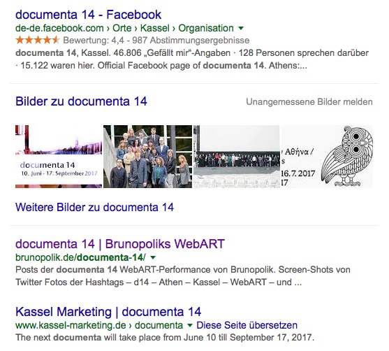 Screen-Shot der Google-Suche: documenta 14 Seite 1 am 20.04.16 