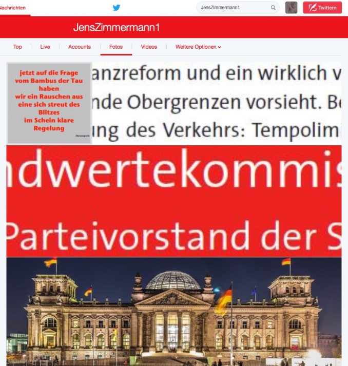Screenshot aus den Twitter-Fotos zum SPD-Bundestagsabgeordneten Dr. Jens Zimmermann mit einer meiner Tanka-Strophen aus dem Poetry-Text „Regelung auf Macht“