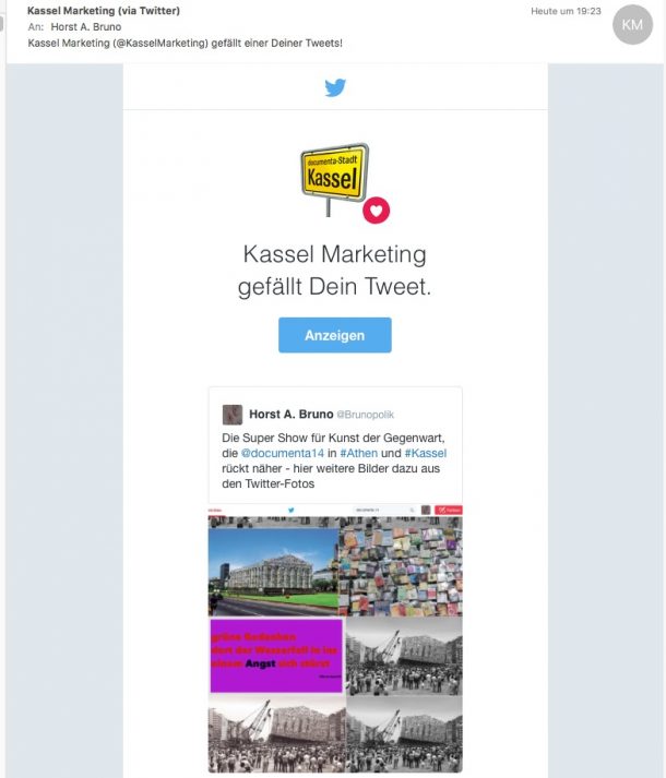 Screenshot E-Mail vom 11.10.16 Twitter - Kassel Marketing gefällt einer meiner Tweets zur documenta14